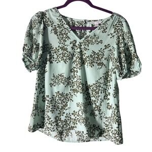 LC Lauren Conrad Womens Floral Blouse XS Short Sleeve V‎ Neck Light Blue